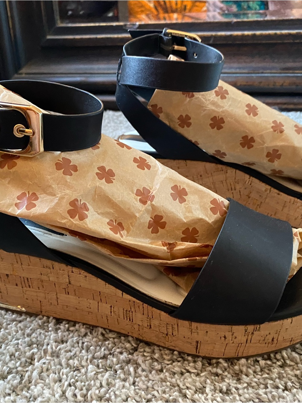 Franco Sarto Black Cork Platform Wedge Sandals with Gold Buckle